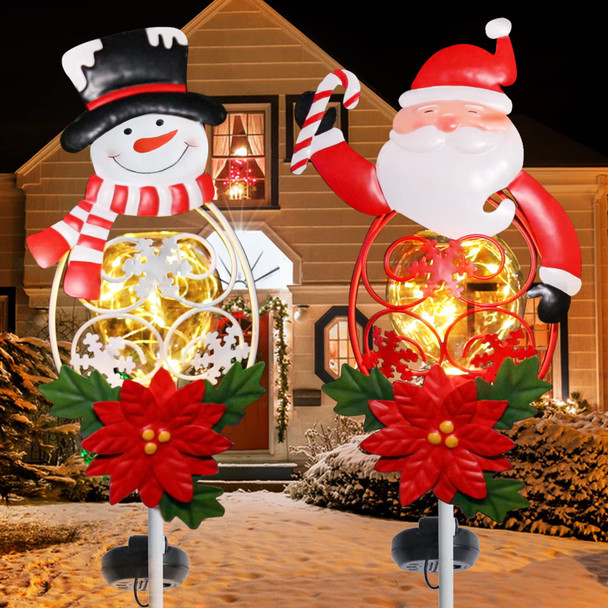 Solar Christmas Garden Stake Lights Snowman&Santa Claus Solar Christmas Decorations with LED Lights Outdoor Pathway Lights Christmas Landscape Lights for Garden(2 PCS)