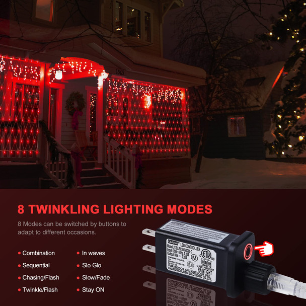 woohaha Outdoor Christmas Net Lights, 9.8FTx6.6FT 192 LED Fairy String Light with 8 Lighting Modes, Connectable Light for Halloween Christmas Garden Tree Bushes, Holiday Wedding Party Decor, Red