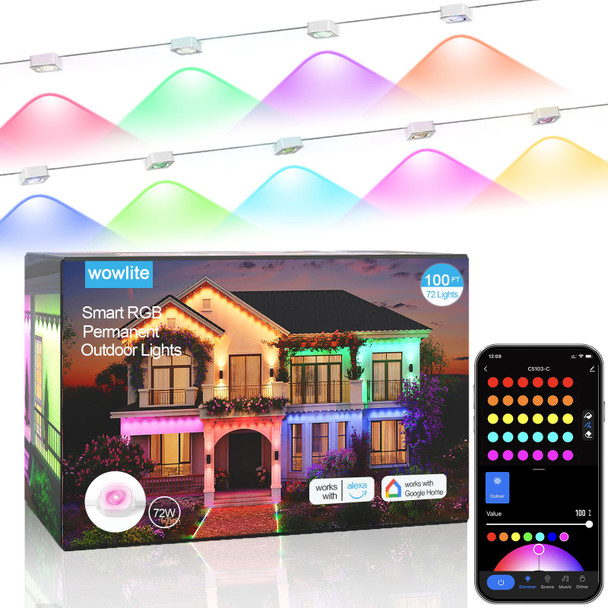 wowlite Permanent Outdoor Lights, 100FT Smart RGB Outdoor Lights with 63 Scene Modes, Waterproof Outside Decoration Lights with 72 LED Eaves Lights for Halloween Christmas Party Holiday