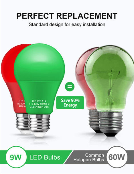 Red Light Bulbs Green Light Bulbs [4 Pack] - A19 LED Red and Green Bulbs 9W (60W Equivalent) - E26 Base Red Light Bulb Outdoor, Colored Light Bulbs for Christmas Party Porch Decor (2 Red+2 Green)