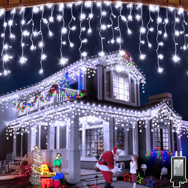 1296 LED Christma Lights With 288 Drops,131FT Outdoor Hanging lights with 8 Modes & Timer, Plug in Curtain String Lights Outdoor Waterproof for Fence Holiday Wedding Party Home Garden Decor Cool White