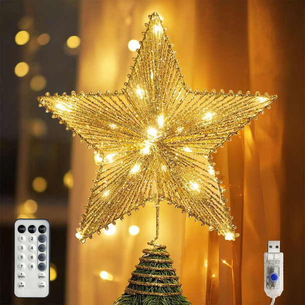 Christmas Star Tree Topper, Christmas Tree Topper with 50 Warm White LED Lights, Tradition Tree Topper Star for Home Holiday Xmas Tree Christmas Decor, Glitter Gold