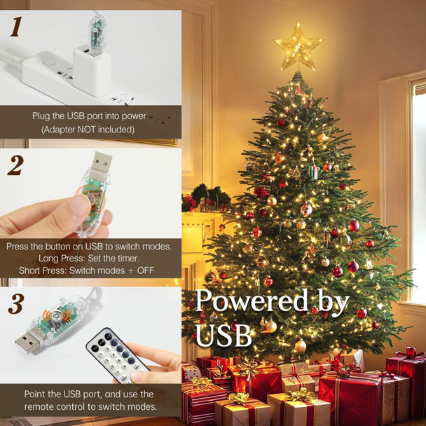 Christmas Star Tree Topper, Christmas Tree Topper with 50 Warm White LED Lights, Tradition Tree Topper Star for Home Holiday Xmas Tree Christmas Decor, Glitter Gold