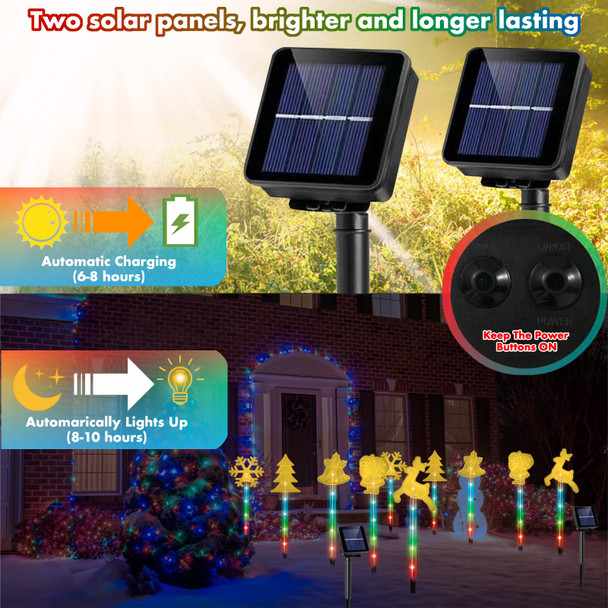 Solar Christmas Pathway Lights Outdoor, 10 Pack Solar Christmas Decorations Outside with 50 Colorful LED Lights, 8 Modes Walkway lights with Tree Santa Snowflake Reindeer bell for Christmas Decor