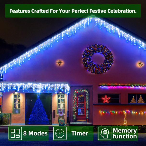 648 LED Outdoor Christmas Lights with 144 Drops, 66ft Christmas Fairy Lights with 8 Modes Timer, Christmas Twinkly Lights IP44 Waterproof for Eaves Yard Holiday Wedding Party Decor(Blue & Cool White)