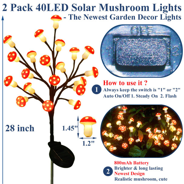 Christmas Outside Decorations Solar Mushroom Garden Stake Lights Outdoor-2PACK 40LED Red Mushroom Decor Tree Lights for Christmas s&Christmas Party, Solar Christmas Lights for Yard Home