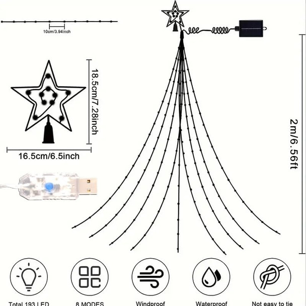 Christmas Lights, Outdoor Christmas Tree Lights, Waterfall Fairytale String Lights, 192 LED Christmas Decoration Lights, 8 Lighting Modes, USB Powered, Suitable for Christmas, Year (Color)