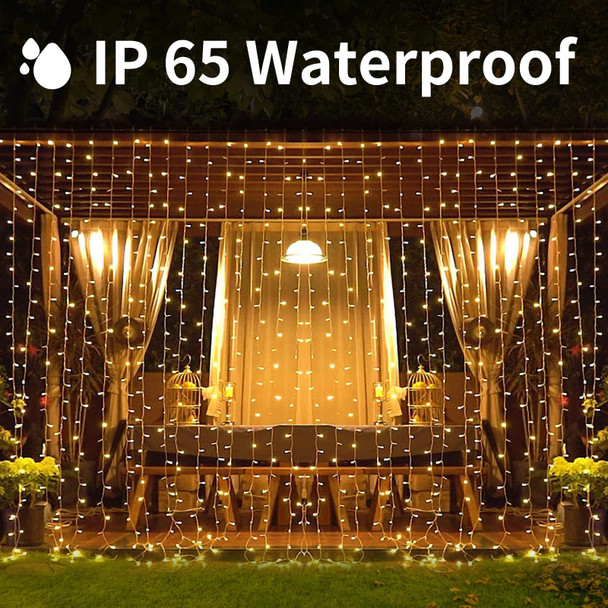 300LED Solar Curtain Lights Outdoor Indoor 8 Modes Solar Fairy Curtain String Lights Waterproof Twinkle Lights for Home Garden Patio Gazebo(Warm White)