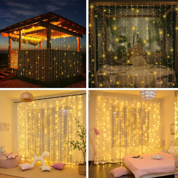 300LED Solar Curtain Lights Outdoor Indoor 8 Modes Solar Fairy Curtain String Lights Waterproof Twinkle Lights for Home Garden Patio Gazebo(Warm White)