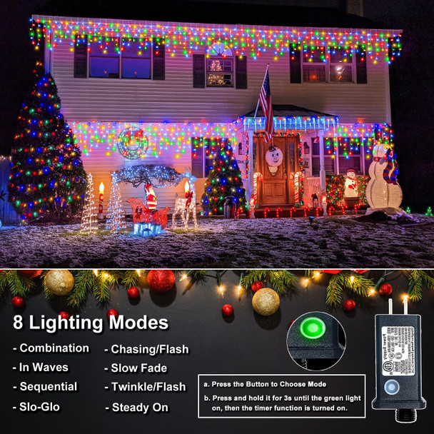 33FT 400 LED Christmas Lights Outdoor, Icicle Lights Indoor with 8 Modes 75 Drops, Waterproof Plug in Curtain String Lights for Outside House Patio Party Holiday Decorations, Multicolor