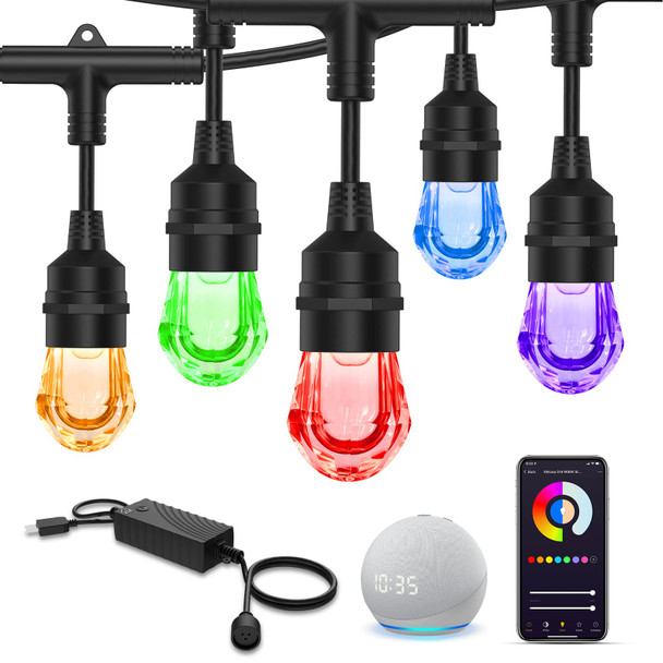 XMCOSY+ Smart Outdoor String Lights, RGB 123ft Color Changing LED Patio Lights with 40 Acrylic Bulbs, APP WiFi Control, Work with Alexa, Google, IP65 Waterproof for Halloween Decorations, Christmas