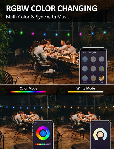XMCOSY+ Smart Outdoor String Lights, RGB 123ft Color Changing LED Patio Lights with 40 Acrylic Bulbs, APP WiFi Control, Work with Alexa, Google, IP65 Waterproof for Halloween Decorations, Christmas