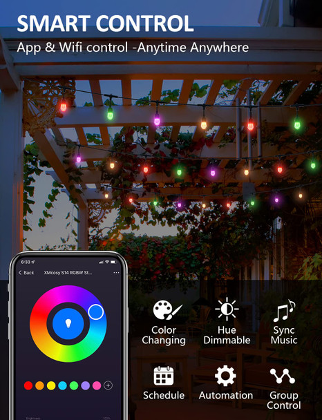 XMCOSY+ Smart Outdoor String Lights, RGB 123ft Color Changing LED Patio Lights with 40 Acrylic Bulbs, APP WiFi Control, Work with Alexa, Google, IP65 Waterproof for Halloween Decorations, Christmas