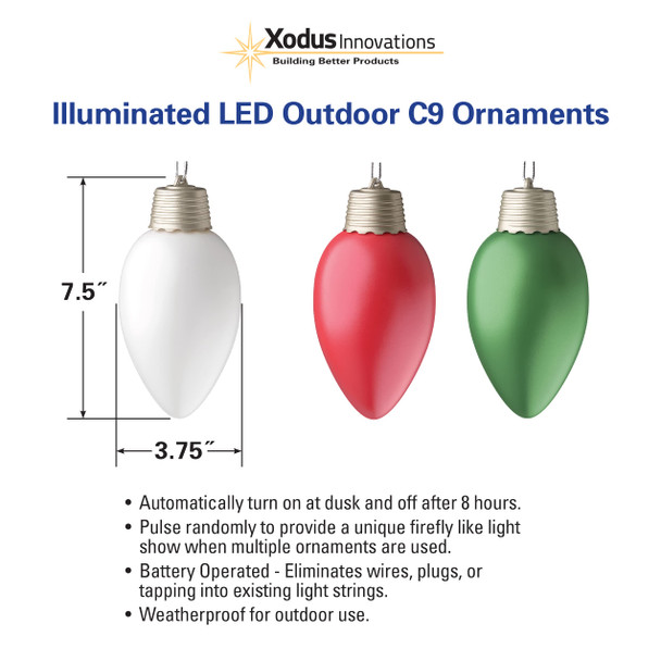 WP980-3 Battery Powered Hanging Decorative Outdoor Pulsing 8 inch C9 Bulb Style Light with Sensor Turns-On at Dark, Pack of 3, Red