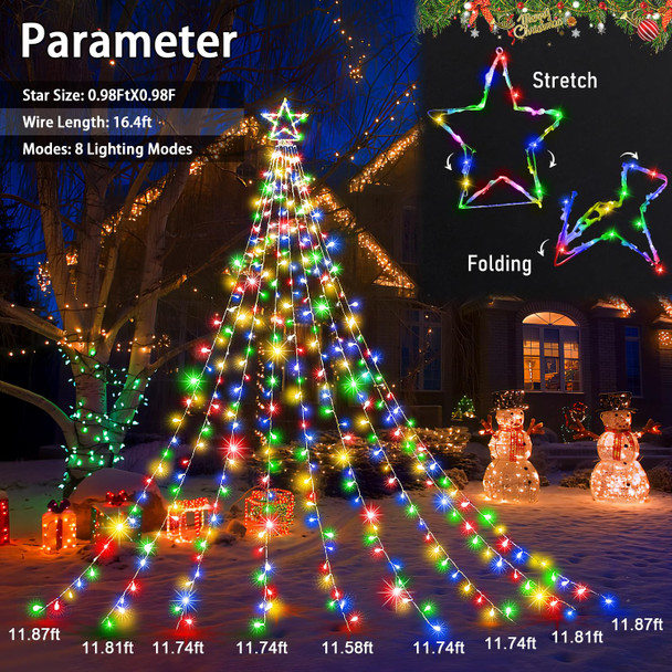XURISEN Outdoor Christmas Decorations Star Light,11.8 ft 337 LED Waterfall Tree Lights with Topper Star String Lights Plug in, 8 Modes Christmas Lights for Party Home Holiday Decor(Multicolor)