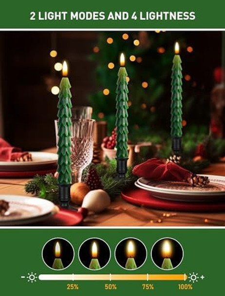 Christmas Tree Candles with Remote, 9.8 Inch Waxy Flameless Taper Candle, 4Pcs LED Battery Operated Window Candlesticks with Holder, 3D Flame Flickering Light with Timer for Christmas Decorations