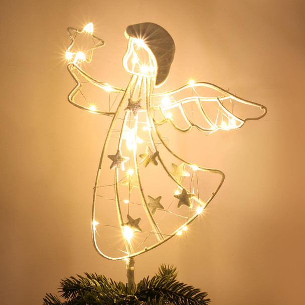 YEAHOME Christmas Tree Topper, Double Layer Lighted White Angel Tree Topper with 30 Lights for Christmas Treetop, Pre-Lit Xmas Tree Topper with Timer for Christmas Tree Decorations, Gold Glittered
