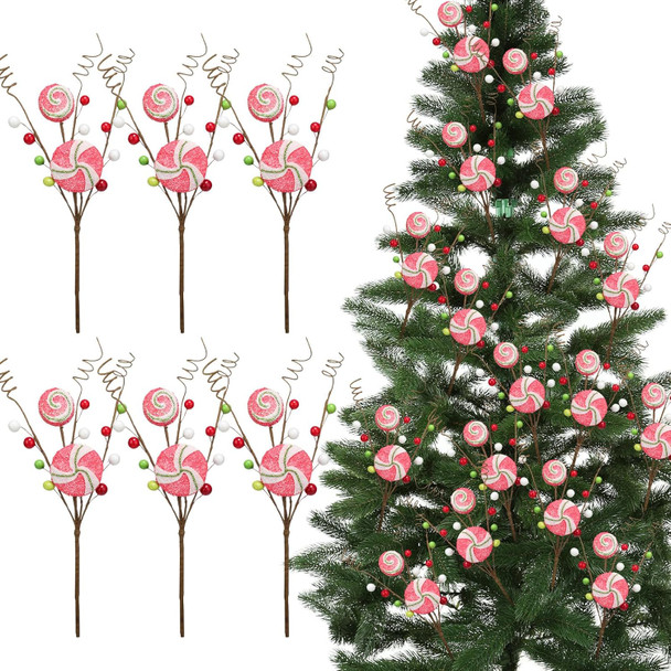 Yinkin 6 Pcs Peppermint Candy Cane Pick Spray Ornament 13 Inches Red Green White Stripe Lollipop Sprays Floral Berry Christmas Picks and Sprays for Christmas Tree Wreath Decoration Home Party Craft