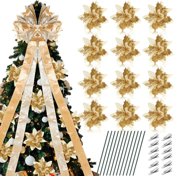 Christmas Tree Topper Bow Set Include 12 Pcs Artificial Poinsettia Flowers and Large Velvet Bow with Long Streamers Sun Flower Shape Bow for Xmas Indoor Party Decor(Champagne Gold)