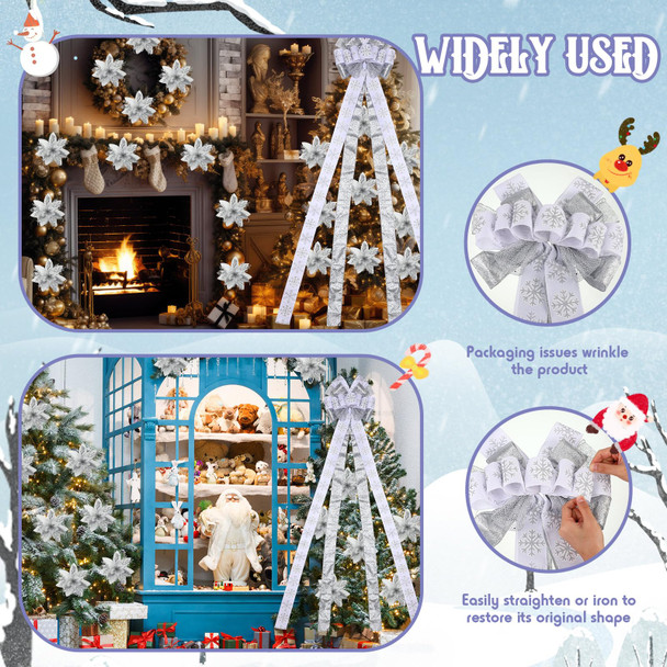 Yinkin Christmas Tree Topper Bow Set 10'' x 13'' Large Velvet Bow with Long Streamers Sun Flower Shape Bow with 12 Pcs 5.5 Inch Artificial Poinsettia Flowers for Xmas Indoor Party Decor (Silver)