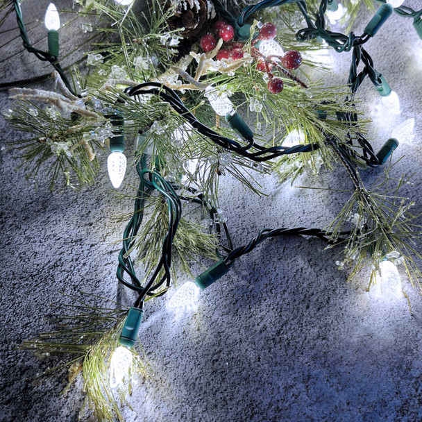 C3 Christmas Lights 50 Cool White LED String Lights, 120V UL, 17FT Green Wire Xmas Lights for Indoor & Outdoor Use, Trees, Pathway, Holiday Party Decorations