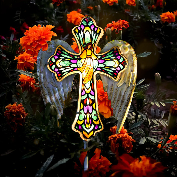 YJFWAL Solar Glass Cross Garden Stake Light, Cemetery Decorations for Grave Outdoor Lights, Jesus Cross Angel Wings Sympathy Memorial s, for Halloween Christmas Garden Lawn Yard Patio Decor