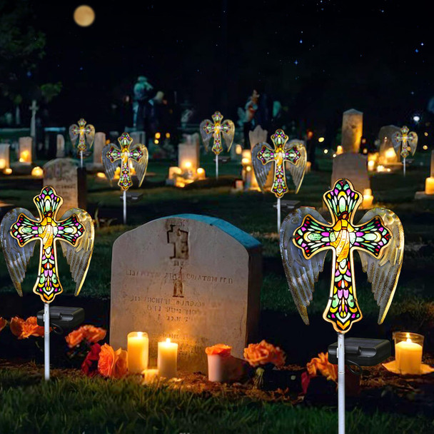 YJFWAL Solar Glass Cross Garden Stake Light, Cemetery Decorations for Grave Outdoor Lights, Jesus Cross Angel Wings Sympathy Memorial s, for Halloween Christmas Garden Lawn Yard Patio Decor