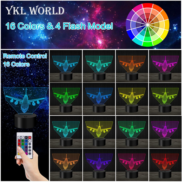 Airplane Night Light 3D Illusion Lamp 16 Color Changing USB Charging/Battery Powered Touch Control with Remote LED Table Desk Decor Lamps Christmas Birthday for Kid Boy Pilot Plane Lover