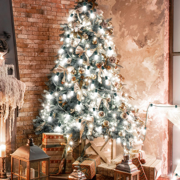 C9 LED String Lights, 100FT Shatterproof LED Christmas Strawberry String Lights, Connectable Waterproof Outdoor White Lights for Roofline, Christmas, Indoor, Garden, Yard, Tree, Green Wire