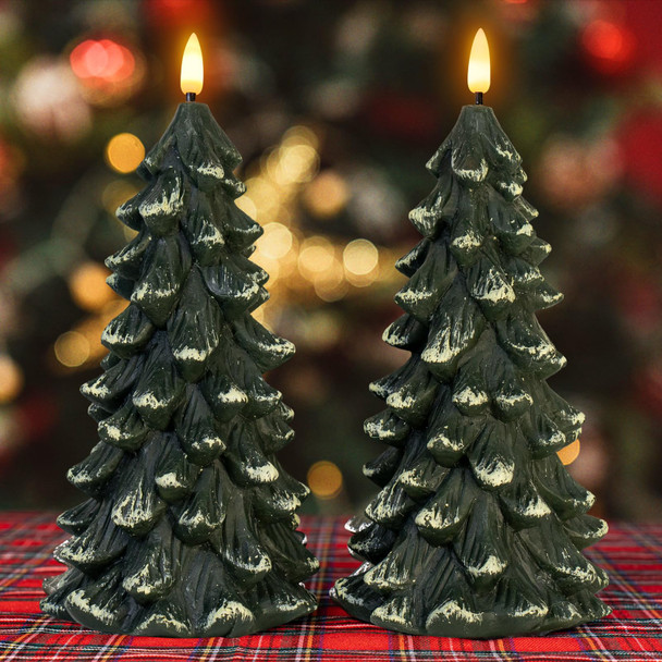 Christmas Tree Shaped Flickering Flameless Candles, Green Real Wax Battery Operated LED Candles with Timer for Christmas Home Party Decoration Christmas Set of 2
