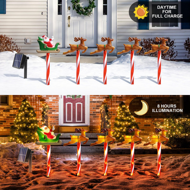 10 Pcs Solar Christmas Pathway Lights, Xmas Garden Stake Lights Decorations, Lighted Santa Claus Reindeer Outdoor Decorative Figurine Lights, Warm White LED Landscape Lighting for Patio Yard