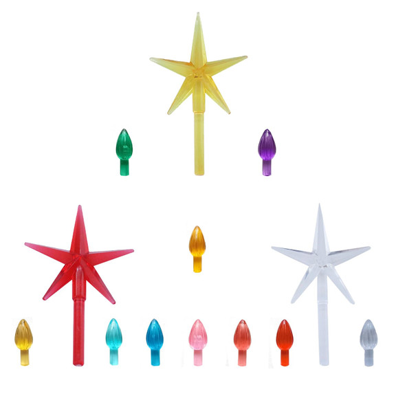 Ceramic Christmas Tree Replacement Lights Bulbs - Multicolor Plastic Medium Twist Light Ornaments, Mini Vintage Flame Shape Artcraft Ornaments Sets, 105 PC Bulbs Plus 3 Star Topper Ceramic Christmas Tree Replacement Lights Bulbs - Multicolor Plastic Medium Twist Light Ornaments, Mini Vintage Flame Shape Artcraft Ornaments Sets, 105 PC Bulbs Plus 3 Star Topper