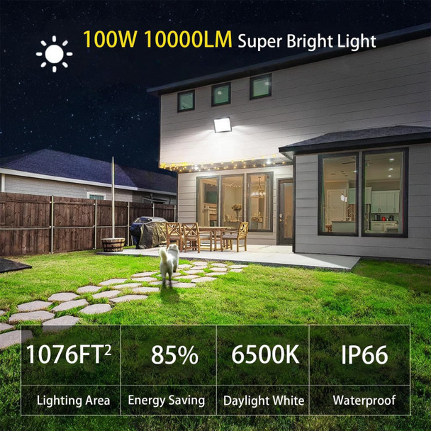 Zelvia LED Flood Lights Outdoor-100W 10000lm Super Bright LED Work Light with US Plug,6500K Daylight White Floodlight,IP66 Waterproof Security Outside Lights for Yard Garage Stadium Bowfishing-1 Pack