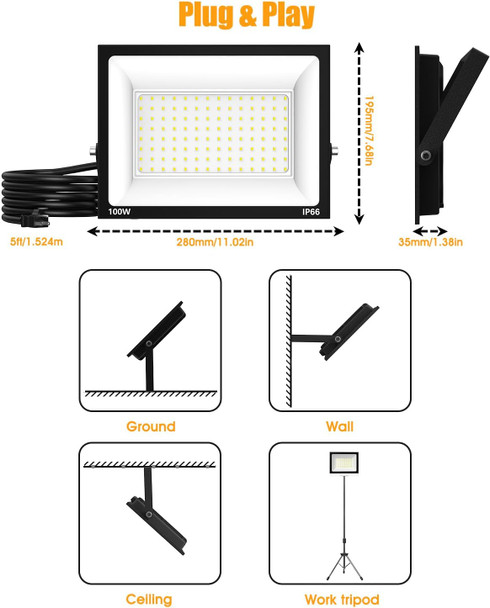Zelvia LED Flood Lights Outdoor-100W 10000lm Super Bright LED Work Light with US Plug,6500K Daylight White Floodlight,IP66 Waterproof Security Outside Lights for Yard Garage Stadium Bowfishing-1 Pack