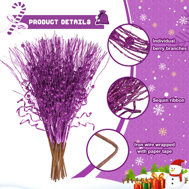 Yunlly 24 Pcs 17 Inch Glitter Tree Filler Decorations Glitter Berries Stems Artificial Christmas Valentine Picks Ornament Glittery Twigs for Wedding (Purple)