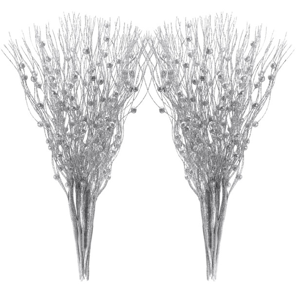 Yunsailing 20 Pcs Artificial Glitter Berry Stem Ornaments 17 Inch Fake Long Branch Tree Picks Flowers for Tall Vase Wedding Party Decoration(Silver)