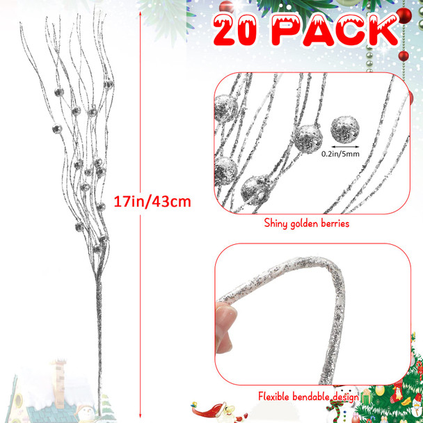 Yunsailing 20 Pcs Artificial Glitter Berry Stem Ornaments 17 Inch Fake Long Branch Tree Picks Flowers for Tall Vase Wedding Party Decoration(Silver)