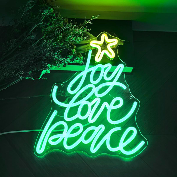 Christmas Neon Signs Joy Love Peace Xmas LED Neon Light USB &Battery Powered Hanging Christmas Decorations Indoor Green Christmas Light Up Sign for Bedroom Kids Room Living Room Shop Window Decor