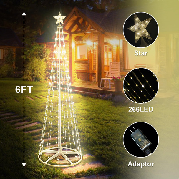 Lighted Christmas Cone Tree, 6FT Outdoor Christmas Tree with 266 LED Lights, 8 Modes Christmas Lights with Remote Control, Outside Decorations for Yard Patio Garden Xmas Decor Indoor, Timer