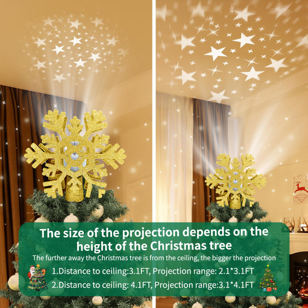 Christmas Tree Topper Lighted 3D Projector Rotating Ambient Lighting, Glitter Snowflake Christmas Star Tree Topper LED for Christmas Decoration (Gold Snowflake)