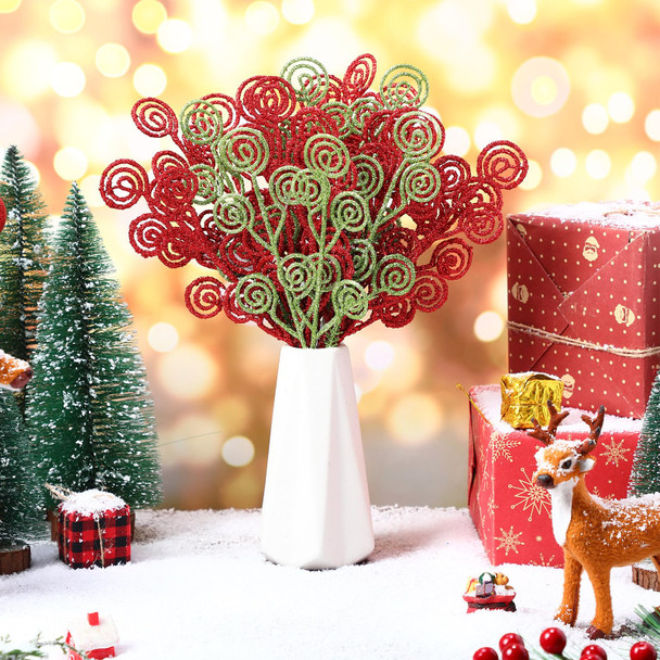 Zeyune 80 Pcs Christmas Candy Shape Curly Sticks Glitter Stem Ornaments Decorative Christmas Tree Picks Artificial Christmas Glittery Twigs for Wedding Holiday Party Home Decorations (Red Green)