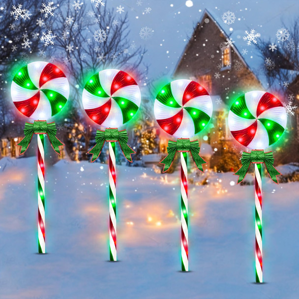 Lollipop Christmas Pathway Lights Outdoor Decorations, 80 LED Lighted Candy Cane Decorations with 8 Flickering Light Modes, Timer, Outdoor Christmas Decorations for Yard Walkway, 4 Pack 28 Inch