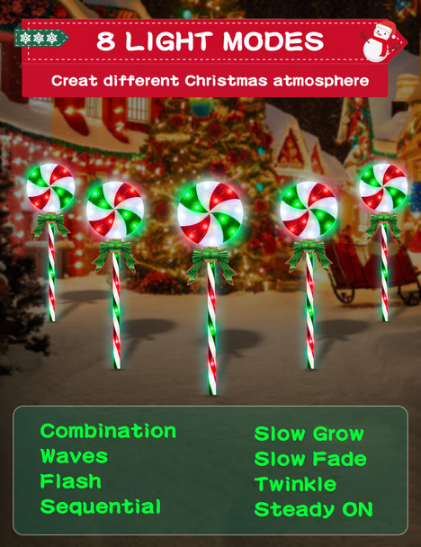 Lollipop Christmas Pathway Lights Outdoor Decorations, 80 LED Lighted Candy Cane Decorations with 8 Flickering Light Modes, Timer, Outdoor Christmas Decorations for Yard Walkway, 4 Pack 28 Inch