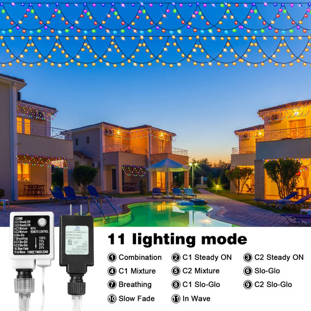 LED Christmas Lights Outdoor, 34Ft 380 LEDs Christmas Half-Round String Lights, Extendable Plug in 8 Modes Waterproof Christmas Decoration for Yard Eaves Fence Roofing Wedding Party Decor