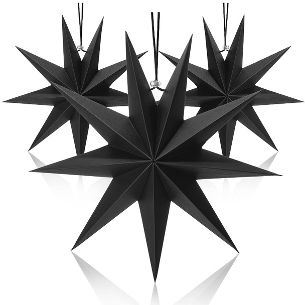 3 Pcs 9-Pointed Paper Star Lanterns 12 Inch Hanging Lampshade Paper Star Pendant Charm Star Shape for Christmas Holiday, Weddings, Birthday Party Celebration Decor (Black)