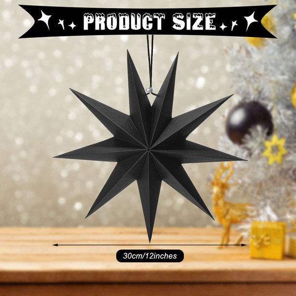 3 Pcs 9-Pointed Paper Star Lanterns 12 Inch Hanging Lampshade Paper Star Pendant Charm Star Shape for Christmas Holiday, Weddings, Birthday Party Celebration Decor (Black)