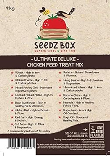 Chicken Food Treat Mix 4Kg - Seedzbox Deluxe Poultry Chicken Feed - Natural Treats For Hens And Roosters - Poultry Grit Millet And Wheat - Encourages Ground Scratching - High In Protein And Fibre