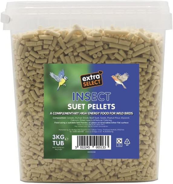 Extra Select Insect High Energy Suet Pellets Wild Bird Food - Protein, Fat Rich Year-Round Feeding - 3 Kg Reusable Bucket08Wb088