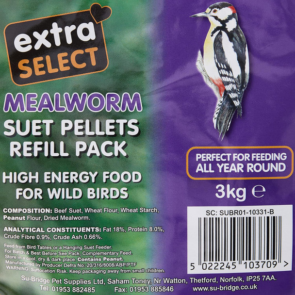 Extra Select Mealworm High Energy Suet Pellets Wild Bird Food - Protein, Fat Rich Year-Round Feeding - 3 Kg Refill08Wb134