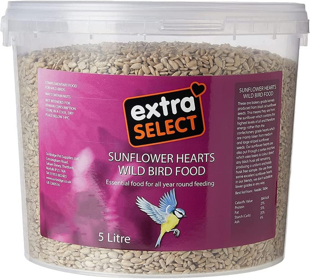 Extra Select Sunflower Hearts Bird Food - Husk-, Oil Rich, High Energy Wild Bird Seed For Year Round Feeding - 5 Litre Bucket08Sfhb5